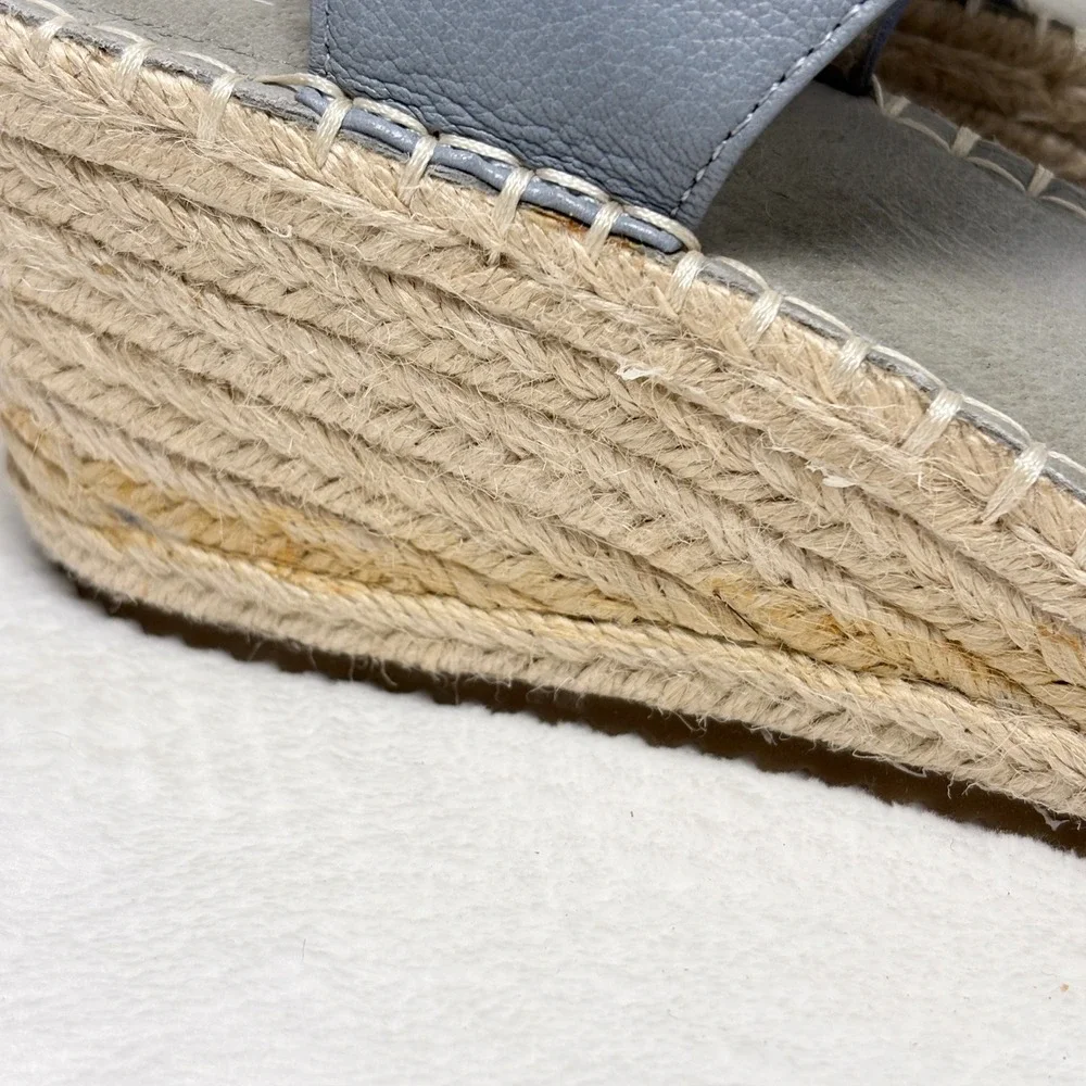 Eileen Fisher Blue Leather Espadrille Wedge Sandals Minimalist Quiet Luxury Sz 9